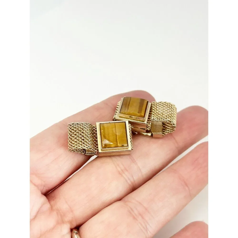 Vintage Cufflinks Gold Tone Tiger Eye Wrap Around Mesh MCM Retro